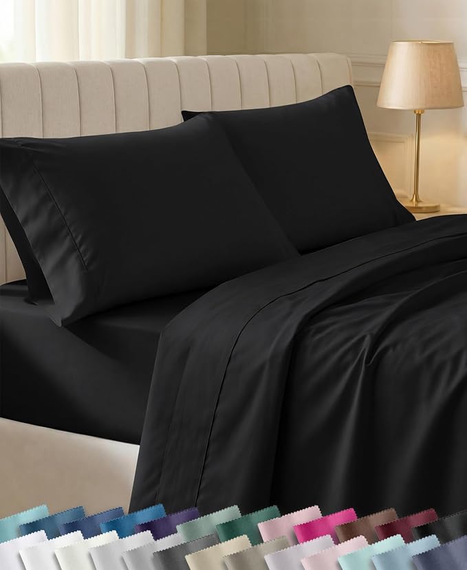 California Design Den 100% Cotton Sateen King Size Bed Sheet Set, Black | 400 Thread Count Backed by Good Housekeeping Seal, 16" Deep Pocket, All-Around Elastic, Durable, Easy Care