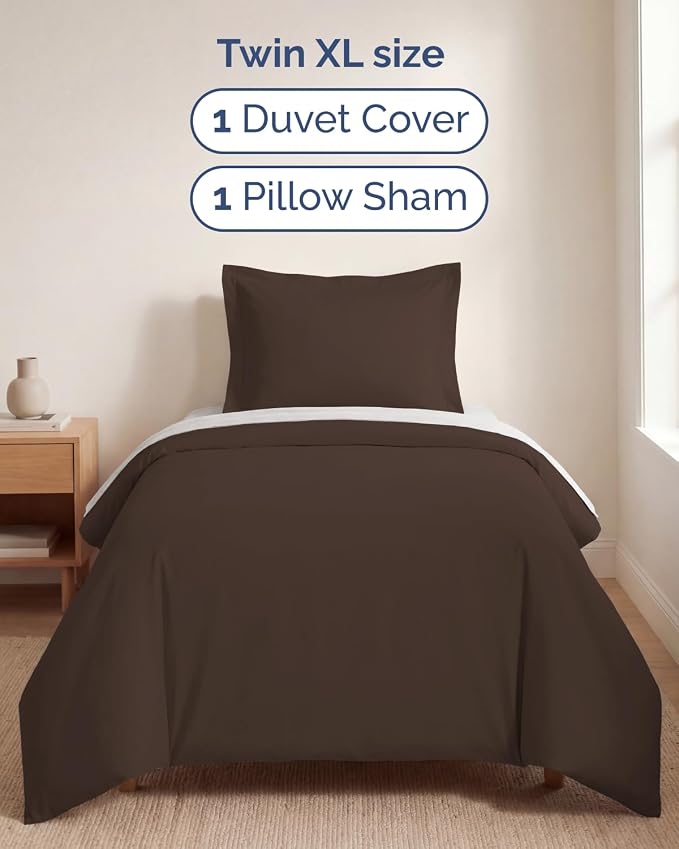 Duvet Cover Twin/Twin XL Size - 2 Piece with Zipper Closure - Brown | Extra Soft, Breathable, Twin/Twin XL Duvet Cover 68" x 90" w/ 1 Pillow Sham, Zipper Closures & Ties, Women, Men, Kids & Teens