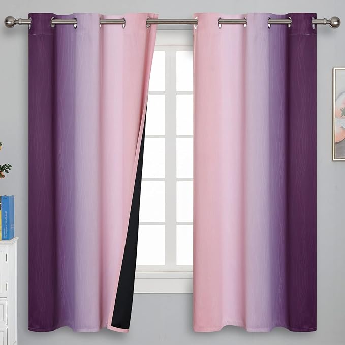 Pink and Purple Ombre Blackout Curtains for Girls Bedroom 63 Inches Long | Estelar Textiler Kids Living Room Curtains,Light Blocking,Thermal Insulated Noise Reducing Grommet Drapes,42Wx63L,2 Panels