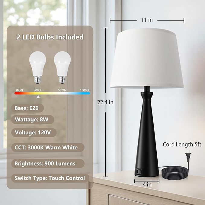Modern Touch Lamps for Nightstand, 3 Way Dimmable Bedroom Lamp Set of 2 | USB C+A Charging Ports, Black Bedside Lamps for Bedroom, Living Room, End Table, Bed Side, LED Bulb Included