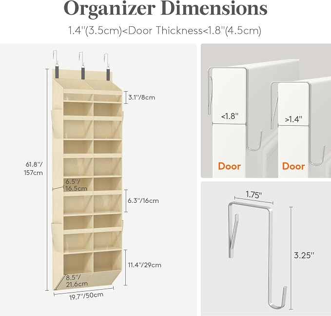 Lifewit 1 Pack Over the Door Organizer, 12 Section Clear Window Hanging Storage with 4 Side Pockets, Sturdy Anti Tilt 40 lbs Load Behind Door for Closet, Bedroom, Bathroom, Nursery, Dorm, Beige
