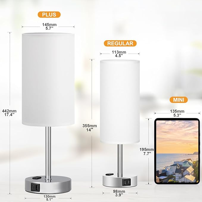 Touch Bedside Lamp - White, 3-Way Dimmable, USB A + C Charging, AC Outlet, 17.4inch Medium