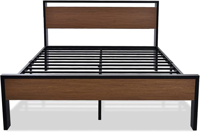 SHA CERLIN 14 Inch Queen Size Metal Platform Bed Frame with Wooden Headboard and Footboard, Mattress Foundation, No Box Spring Needed, Large Under Bed Storage, Non-Slip Without Noise, Walnut