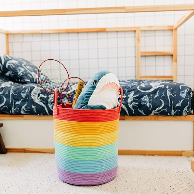 OrganiHaus Rainbow Laundry Basket & Hamper, Nursery Playroom 52L | Rainbow - Rainbow Cotton Rope Hamper, Nursery 52L