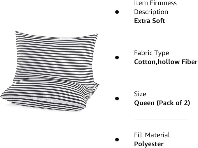 EIUE Bed Pillows for Sleeping 2 Pack Queen Size，Super Soft Down Alternative Microfiber Filled Pillows,Pillows for Side and Back Sleepers,20 x 30 Inches,Striped White Grey