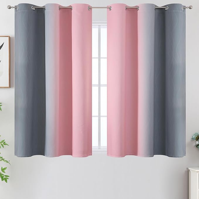 Pink and Gray Ombre Blackout Curtains for Bedroom 45 Inch Long 2 Panels | Room Darkening Gradient Girls Curtains for Living Room,Thermal Insulated,Light Blocking Grommet Window Drapes,42Wx45L Inch