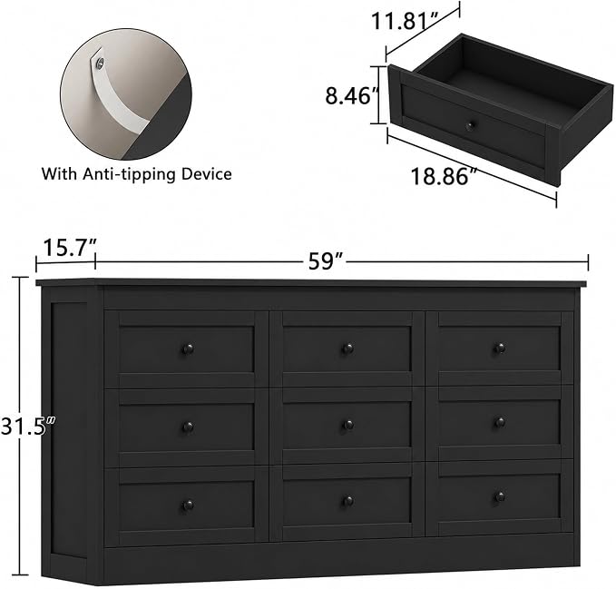 wanan Black 9 Drawer Dresser for Bedroom, Modern 59'' Wide Wood Chest of Drawers, Dresser TV Stand, Storage Organizer with Metal Handles for Living Room, Hallway, Entryway