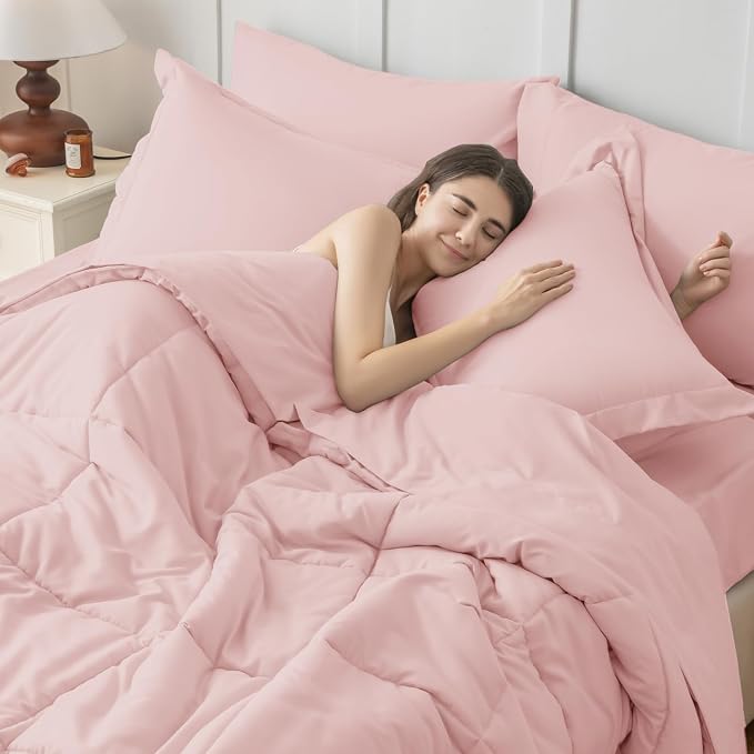JOLLYVOGUE King Comforter Set, Ultra-Soft Bed in a Bag King Size 7 Pieces, Oeko-TEX Certified Bedding Set with Down Alternative Comforter, Sheets, Pillowcases & Shams, Blush Pink