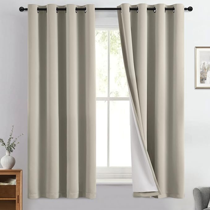 Yakamok Stone Blackout Curtains 63 Inches Long for Bedroom 50" Wide 2 Panel | Blackout Curtain Panels for Bedroom, 2 Thick Layers Grommet Top Thermal Insulated Drapes with White Back for Living Room