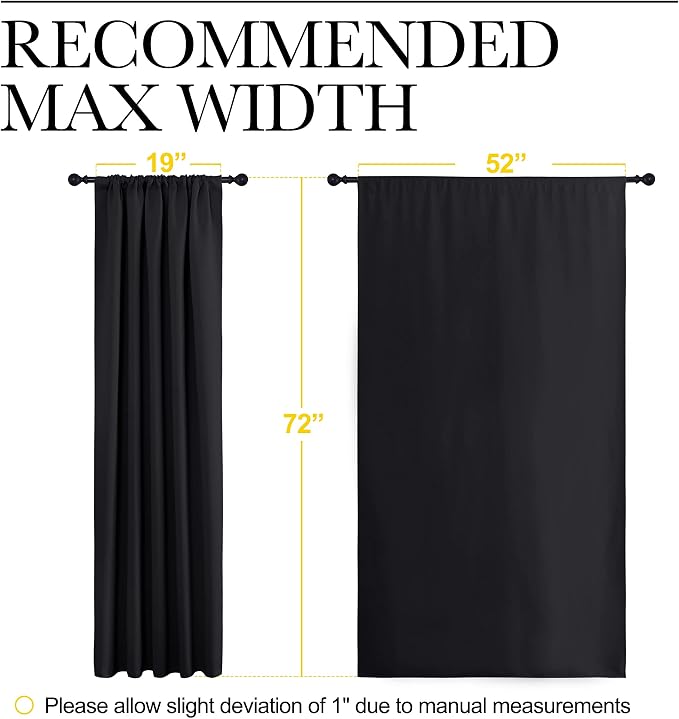 NICETOWN Black Blackout Curtains for Bedroom 52" Wide x 72" Long 2 Panels | Solid Thermal Insulated Window Treatment Blinds Drapes for Living Room Kitchen, Light Blocking Room Darkening Home Decoration