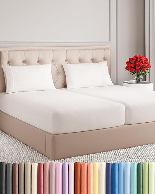 Split King Size 5 Piece Sheet Set - Breathable & Cooling - Antique White | Hotel Luxury Bed Sheets for Women & Men, Deep Pockets, Easy-Fit, Comfy, Soft and Wrinkle Free Sheets, Oeko-Tex Bed Sheet Set