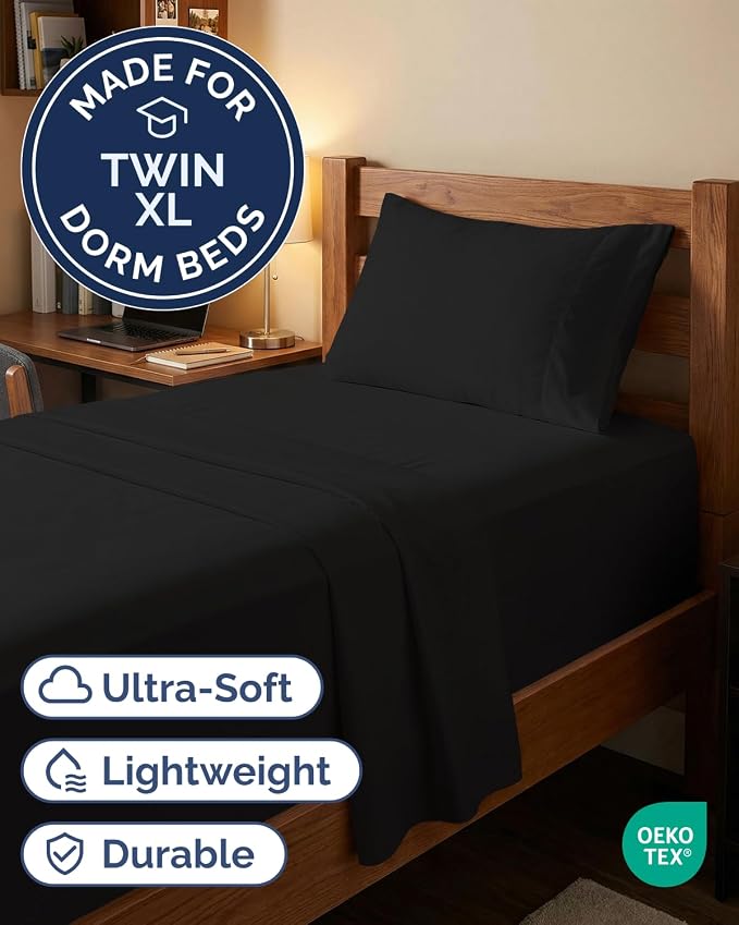 Extra Deep Twin XL Sheet Set - 3 Piece College Dorm Room - Black | Soft, Breathable & Cooling, Easily Fits 18 to 24 inch Mattress, Wrinkle Free & Fade Resistant with Extra Deep Pockets