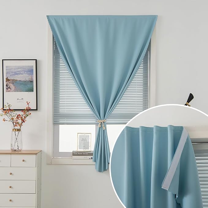 Portable Light Blocking Curtains Self-Stick Design, Removable Adhesive Window Shades for Apartment Office, 71" W x 84" L, Lake Blue, 2 Panels