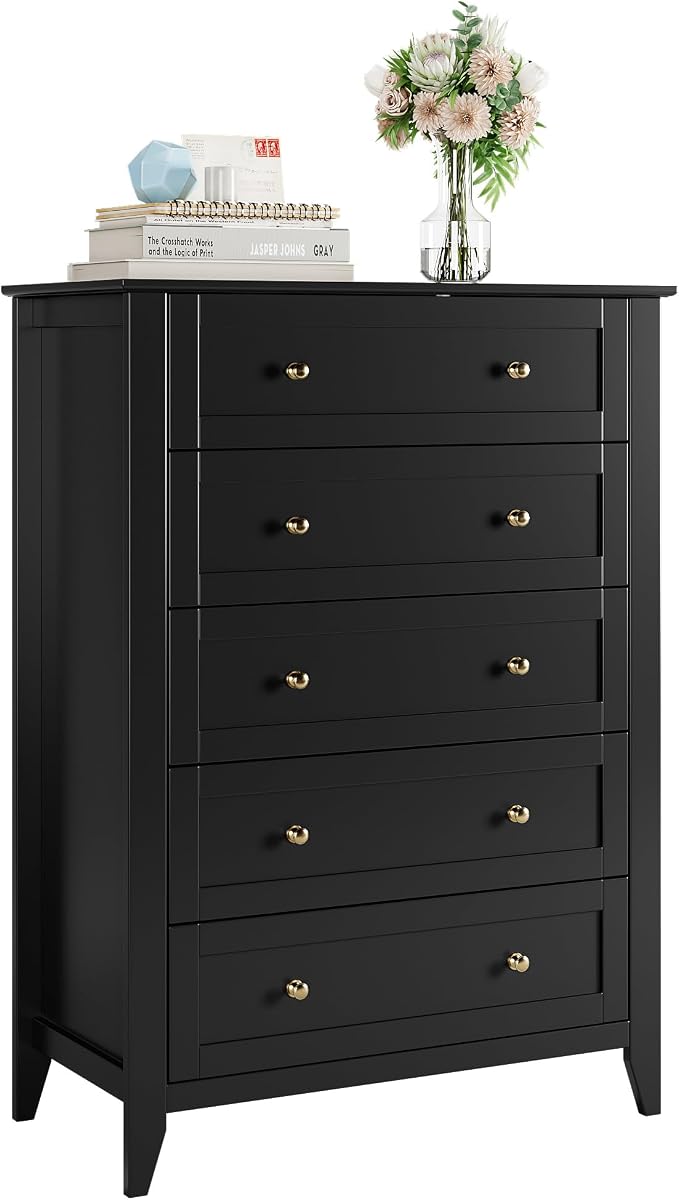 Garvee 5 Drawer Dresser for Bedroom, Modern Tall Chest of Drawers with Metal Knobs, Wooden Clothes Storage Organizer for Closet, Nursery, Living Room, Apartment, Black | Lacquered Finish, Metal Knobs, Clothes Storage Organizer for Closet, Nursery, Livi...