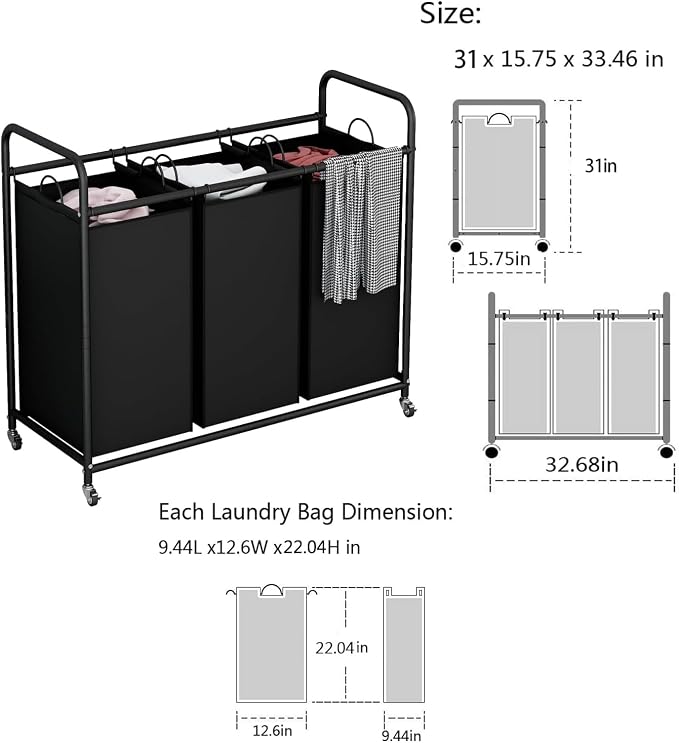 LINZINAR 3 Section Laundry Hamper, Black Laundry Basket 135L Laundry Sorter | Laundry Room Organization with Heavy Duty Rolling Lockable Wheels and Removable Bag, Bedroom Laundry Cart for Clothes Storage