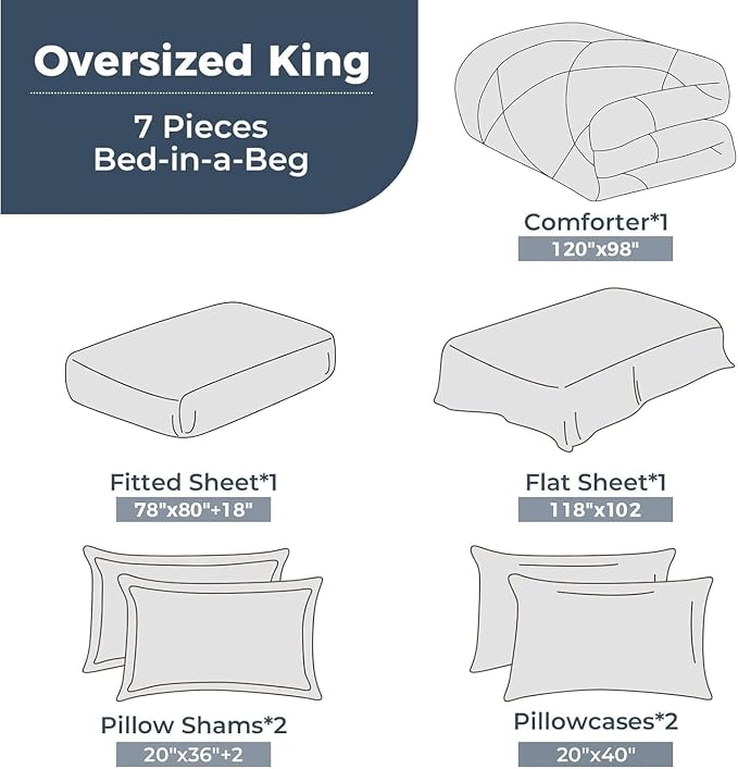 7-Piece Oversized King Comforter Set, Navy | Reversible, All-Season, Soft, 7 Piece Set, All-Season Reversible Bed in a Bag, Flat Sheet, Fitted Sheet, Pillowcases