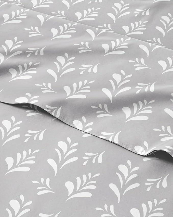 Queen 4 Piece Floral Sheet Set - Soft, Breathable & Cooling - Gray Sprig | 1 Flat, 1 Fitted & 2 Pillowcases w/ Deep Pockets, Boho Botanical Floral Bedding, Breathable & Cooling, Wrinkle & Fade Free