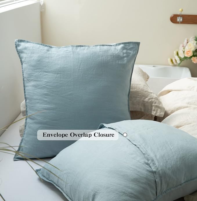 Simple&Opulence 100% Washed Linen Euro Shams 26'' x 26'' Pack of 2, Basic Style Solid Color Natural Flax Farmhouse Decorative Square Throw Pillow Covers for Bed Couch Sofa - Dusty Blue