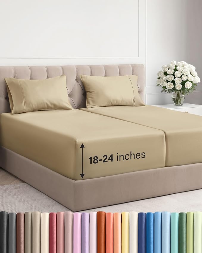 Extra Deep Split King Sheet Set - 5 Piece Breathable Cooling Sheets - Beige | Easily Fits 18 to 24 inch Mattress - Ultra Soft, Wrinkle & Fade Free with Extra Deep Pockets - Comfy Hotel Luxury Bedding