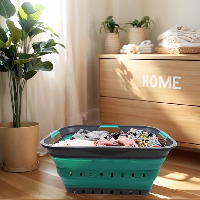SAMMART 42L (11 gallon) Collapsible Plastic Laundry Basket - Foldable Pop Up Storage Container/Organizer - Space Saving Hamper/Basket (1, Grey/Turquoise Blue)