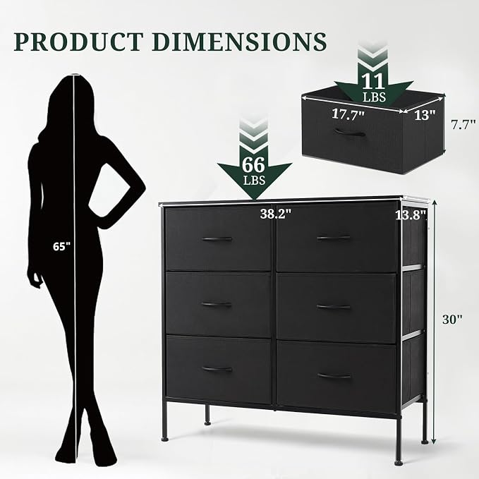 6-Drawer Dresser for Bedroom, Anti-Tip Wide Storage Organizer | Chest of Drawers with Wooden Top and Metal Frame Fabric Bins for Closet, Living Room, Hallway, Entryway, Black