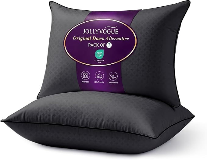 JOLLYVOGUE Black Pillows King Size Set of 2, Washable Supportive Firm Bed Pillows with Oeko-Tex Certified Soft Down Alternative Fill, Fluffy Luxury Hotel Quality for Side, Back, and Stomach Sleepers