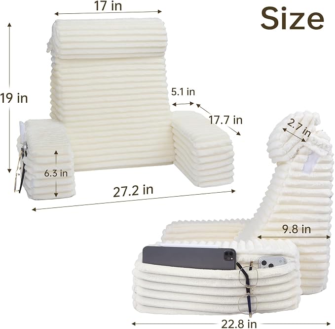 ENITYA 19" Large Back Pillow for Bed Sitting Up with Armrests & Big Pockets | Reading Pillow for Sitting in Bed Adult, Back Support Wedge for Reading/Resting/Post Surgery/Watching TV/Gaming,Ivory