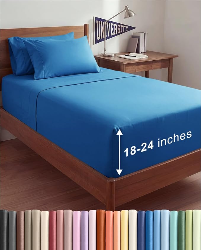 Extra Deep Twin XL Sheet Set - 4 Piece College Dorm Room - Royal Blue | College Dorm Room Essentials, Easy & Secure Fit, Ultra-Soft, Wrinkle & Fade Free, Comfy Sheets Set with Extra Deep Pockets