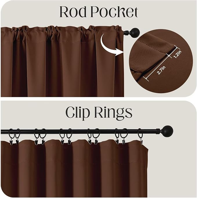 CUCRAF Brown Blackout Curtains 108 inch Length 2 Panels Set, Rod Pocket Room Darkening Drapes for Bedroom Living Room, Insulated Thermal Light Blocking Window Curtain (W52 x L108 Inch)