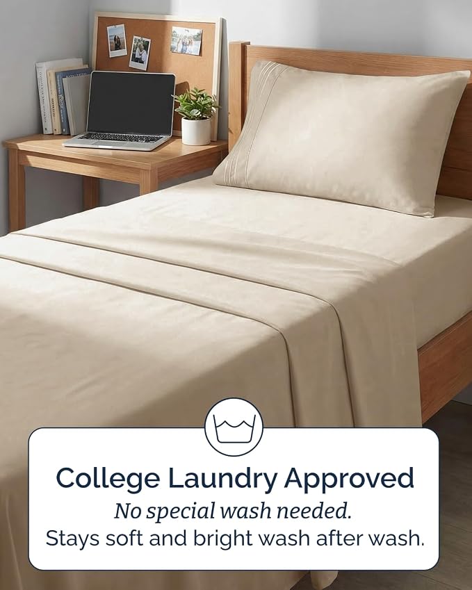 Twin XL 4 Piece Sheet Set - College Dorm Room Essentials - Cream | Ultra Soft Dorm Bedding Set, 8" to 16" Inch Deep Pockets, 1 Flat & 1 Fitted Sheet & 2 Pillowcases, Wrinkle & Fade Free