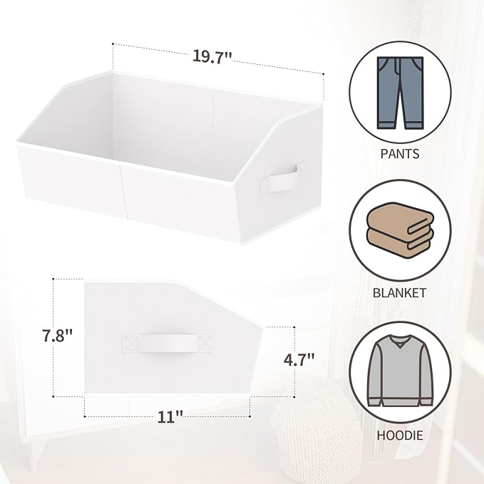 Storage Bins for Shelves - Large Trapezoid Closet Shelf Organizer, Fabric Organization Bins with Handles, Storage Baskets for Clothes, Towel, Purse, 4 Pack, White