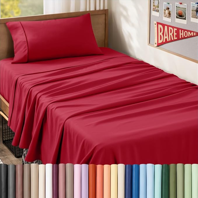 Bare Home Twin XL Sheet Set - 1800 Ultra-Soft (Twin XL, Red) | Deep Pockets 6 to 15 Inches, Breathable, Hypoallergenic, Hotel Luxury, Easy Fit, Soft, All-Season