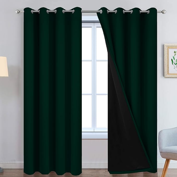 Yakamok Pine Tree Green 100% Blackout Curtains 84 Inches Long 52" Wide | Blackout Curtain Panels for Bedroom, 2 Thick Layers Grommet Top Thermal Insulated Drapes with Black Liner for Living Room