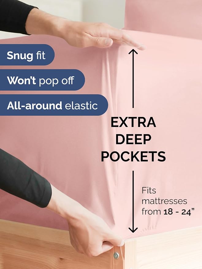 Deep Twin XL Fitted Sheet - College Dorm Room Essentials - Baby Pink | Easily Fits 18 inch to 24 inch Mattress, Wrinkle Resistant, Soft, Breathable & Comfy, Extra Deep Pockets Fitted Sheet
