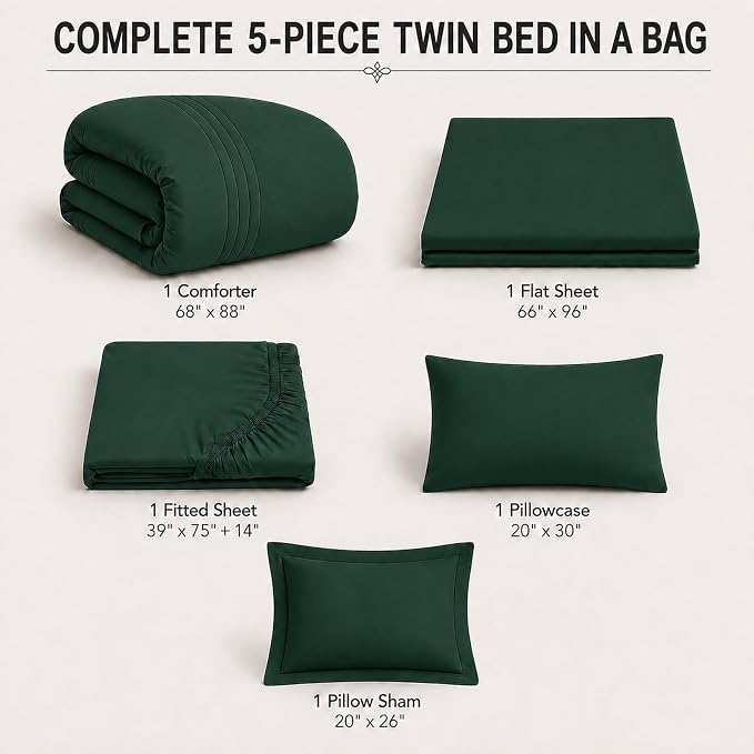 Twin Comforter Set Emerald Green - Bed in a Bag Twin Size 5 Pieces, Soft Bedding Set for All Seasons, Premium College Dorm Comforter Set with Comforter, 1 Sheet, 1 Pillowcase & 1 Sham