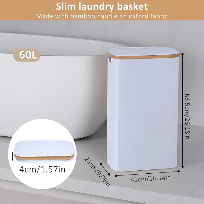IEGrow Laundry Hamper with Lid,60L Laundry Basket with Mesh Bags,White | Dirty Clothes Hamper Basket with Bamboo Handle for Clothes Towels