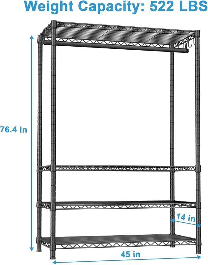 Ulif H4 Plus Portable Closets, 4-Tier Clothes Garment Rack for Bedroom | Heavy-Duty Metal Clothing Storage and Organizer Wardrobe System for Cloakroom, 45"W x 14"D x 76.4"H, Load 522lbs, Black