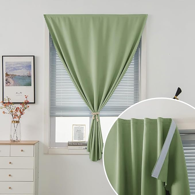 Instant Blackout Window Curtain with Reusable Adhesive, Thermal Insulated Fabric for RV Camper Small Windows, 71" W x 72" L, Sage Green, 1 Panel