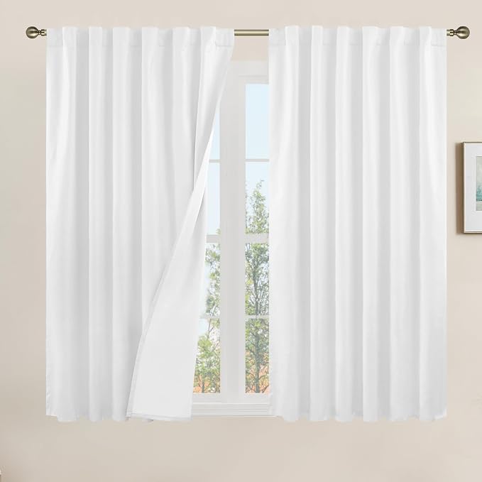 Linen 100% Blackout Window Curtains for Bedroom 45 Inch 2 Panels | White, Linen Textured, Thermal Farmhouse Curtains, Neutral Burlap Panels, Rod Pocket Back Tab, with White Liner, 52 x 45 Inch