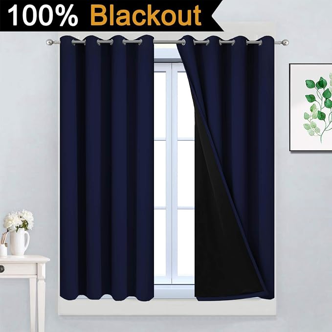 Yakamok Navy Blue 100% Blackout Curtains 45 Inches Long 52" Wide, 2 Panels | Blackout Curtain Panels for Bedroom, 2 Thick Layers Grommet Top Thermal Insulated Drapes with Black Liner for Living Room