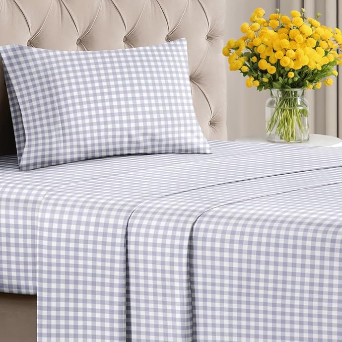 Twin XL 3 Piece Striped Sheet Set - Breathable & Cooling - Grey Gingham | 1 Flat, 1 Fitted & 1 Pillowcase w/ Deep Pockets, Luxury Striped Bedding, Soft, Breathable & Cooling, Wrinkle & Fade Free