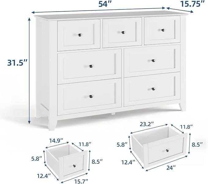 Garvee White 7-Drawer Dresser for Bedroom, 54" Entryway Storage Organizer | Modern Lacquered Chest of Drawers for Bedroom, 15.8"D x 54"W x 31.5"H, MDF