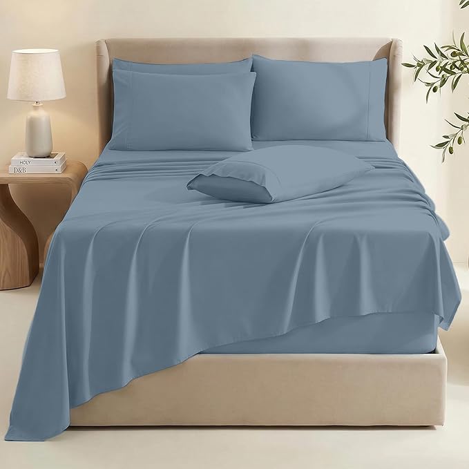 Hearth & Harbor Bed Sheets, Luxury Soft 6 Piece Bed Sheet Set Extra Deep Pocket Fitted Sheets Fits Mattress up to 21", Double Brushed Bedding Sheets & Pillowcases, Cal King, Soft Blue