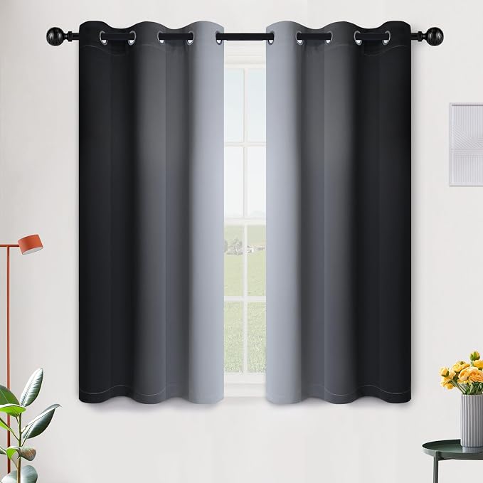 SimpleHome Ombre Black to Grey White Curtains for Living Room 42Wx45L | Room Darkening Curtains for Bedroom,Gradient Light Blocking Curtain,Thermal Insulated Grommet Window Drapes,2 Panels,45 Inch