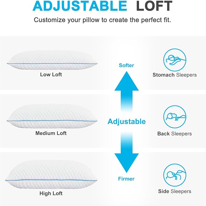 Cooling Shredded Memory Foam Bed Pillows, Standard Size, 4 Pack, 20 x 26 in | Adjustable Firm, Supportive, Breathable, Hypoallergenic, Odorless, Luxury, Cool Gel pillows for Side Back Stomach Sleepers