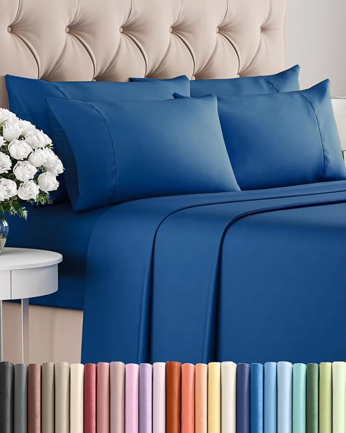 Cal King 6 Piece Bed Sheet Set - Breathable & Cooling Sheets - Dark Blue | Ultra-Soft Hotel Luxury Bedding Set with 8-16 Inch Deep Pockets, 1 Flat & 1 Fitted Sheet & 4 Pillowcases, Wrinkle & Fade Free