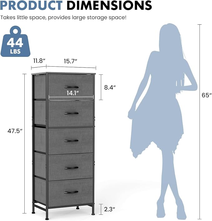 DUMOS Nightstand with 5 Drawers, Bedside Table with Removable Fabric Bins, Sturdy Steel Frame Wood Skinny Dresser Furniture for Bedroom Closet Living Room, Grey