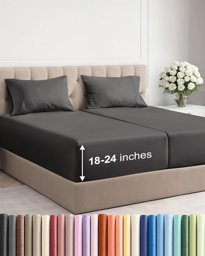 Extra Deep Split King Sheet Set - 5 Piece Soft & Cooling Sheets - Charcoal | Easily Fits 18 to 24 inch Mattress - Ultra Soft, Wrinkle & Fade Free with Extra Deep Pockets - Comfy Hotel Luxury Bedding