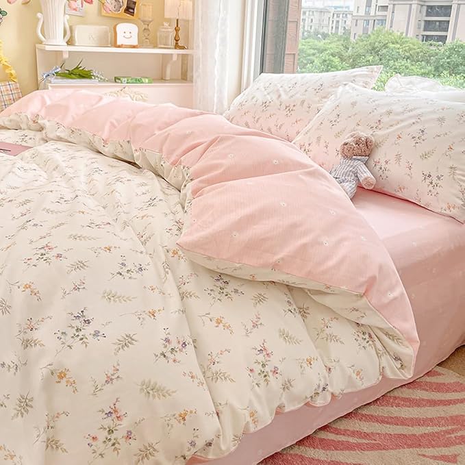 Nayoroom Floral Duvet Cover Set Full Pink White Botanical Flower Bedding | Reversible, Coquette Cottagecore Bedding, Soft Breathable Washed Microfiber, All-Season, Hidden Zipper, 4 Corner Ties