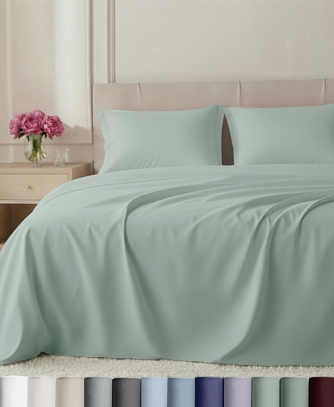 California Design Den Soft Deep Pocket California King Sheet Set - 800 Thread Count Sateen, 100% Cotton Sheets, Durable Bedding Set - Soft Celadon